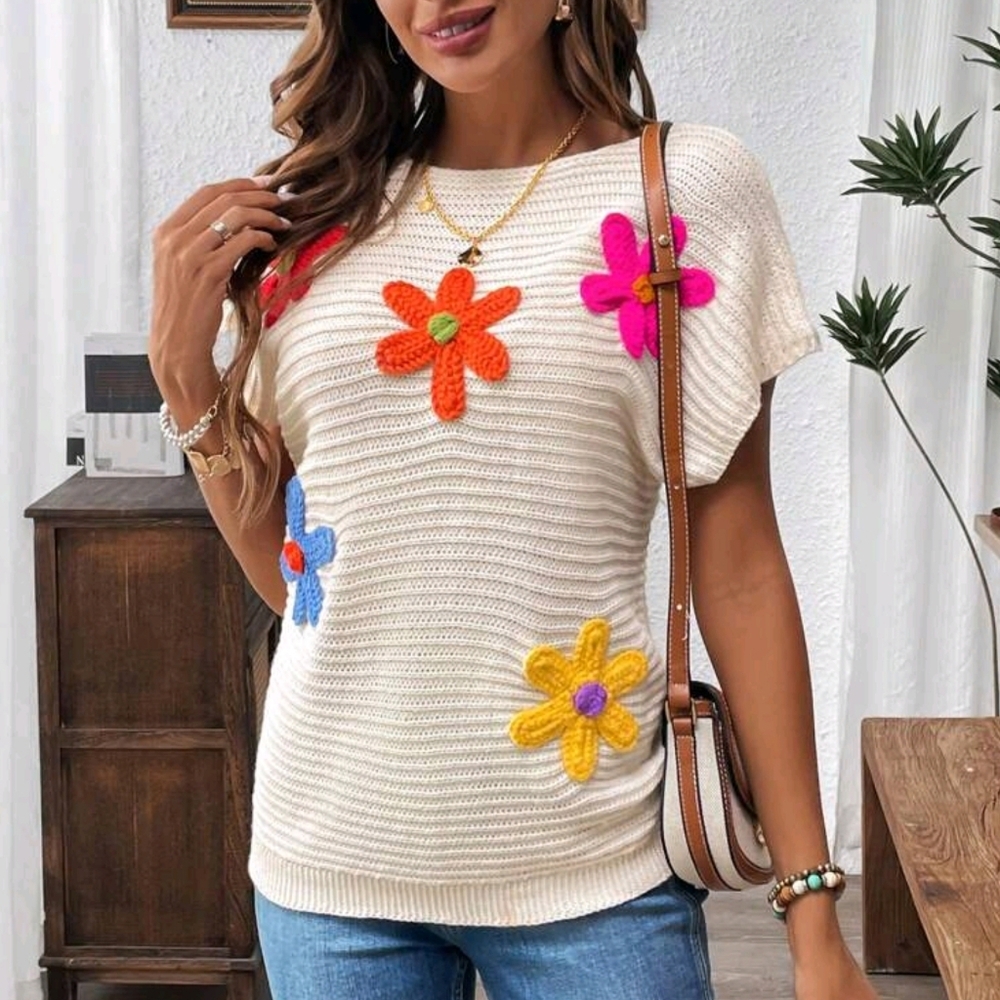 Colorful 3D Sweater Floral Casual Summer Top For Women - Picture 4 of 12